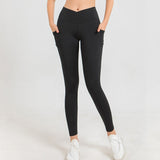 High Waist Long Leggings Black Jelly Gel Cross Waist Yoga Pants Side Pockets Workout Long Pants