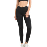 High Waist Long Leggings Black Jelly Gel Cross Waist Yoga Pants Side Pockets Workout Long Pants